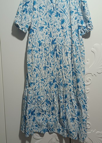 Mavi Gri Çiçek Desenli Uzun Pamuk Kız Çocuk Elbise - Görsel 3