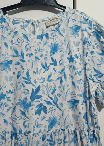 Mavi Gri Çiçek Desenli Uzun Pamuk Kız Çocuk Elbise - Görsel 2