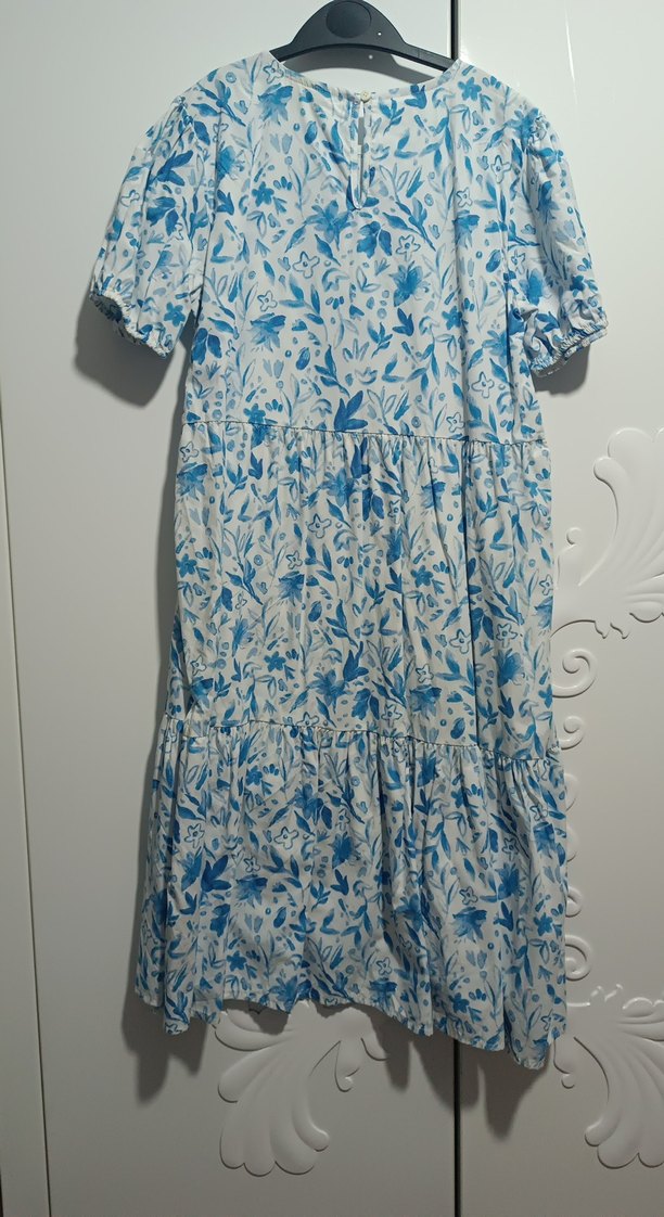 Mavi Gri Çiçek Desenli Uzun Pamuk Kız Çocuk Elbise - Görsel 3