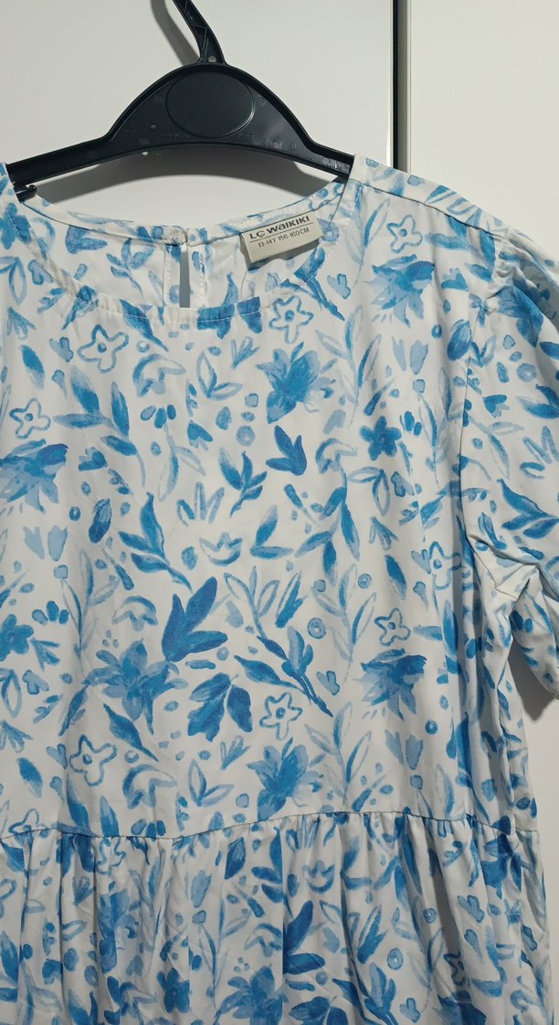 Mavi Gri Çiçek Desenli Uzun Pamuk Kız Çocuk Elbise - Görsel 2