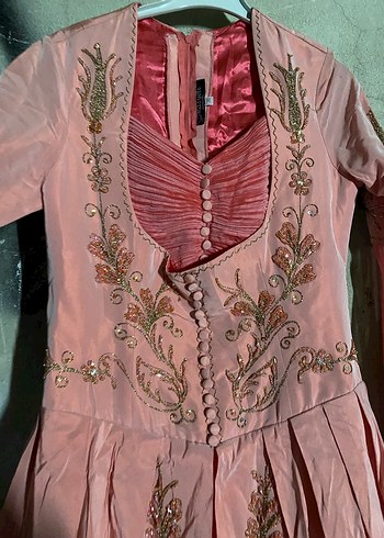 Pembe İşlemeli Vintage Uzun Kadın Elbise - Görsel 2