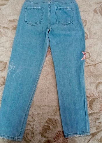 Nakışlı Düğmeli Mavi Kadın Jean Pantolon - Görsel 2