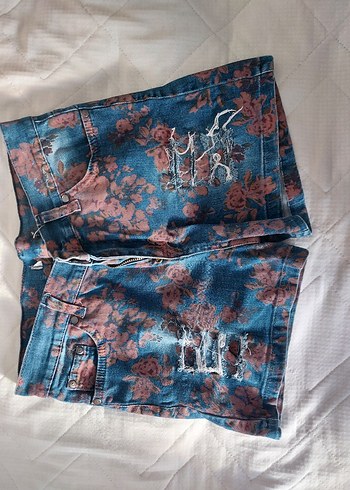 Çiçek Desenli Bağlama Kot Şort Vintage 2000's - Görsel 2
