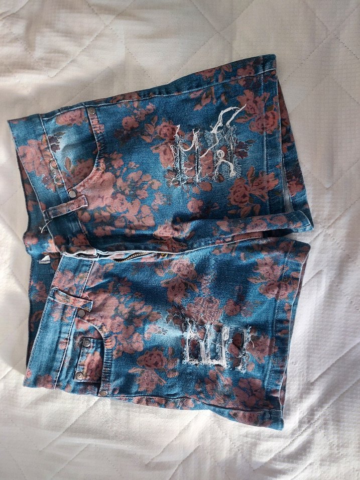 Çiçek Desenli Bağlama Kot Şort Vintage 2000's - Görsel 2