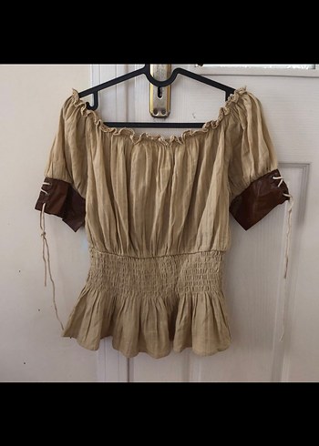 Bej Keten Mini Bohem Bluz - Görsel 3