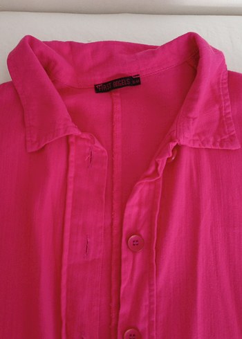 Düğmeli Pembe Keten Gömlek - Görsel 3