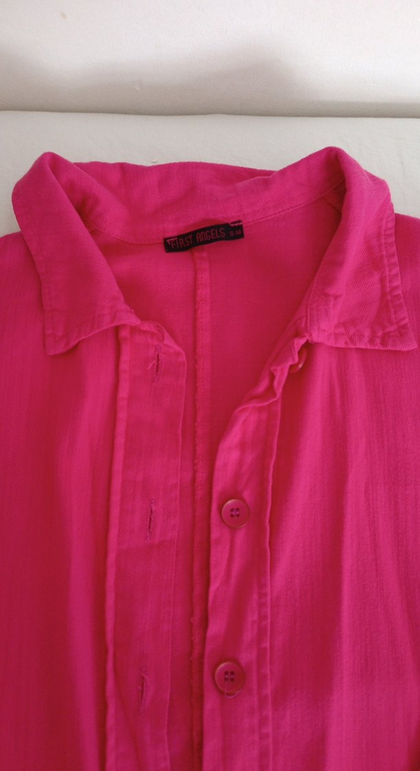 Düğmeli Pembe Keten Gömlek - Görsel 3