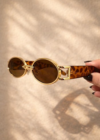 Yuvarlak Altın Çerçeveli Leopar Desenli Gözlük - Görsel 3