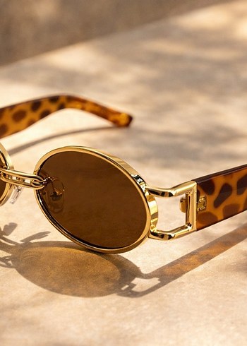 Yuvarlak Altın Çerçeveli Leopar Desenli Gözlük - Görsel 4