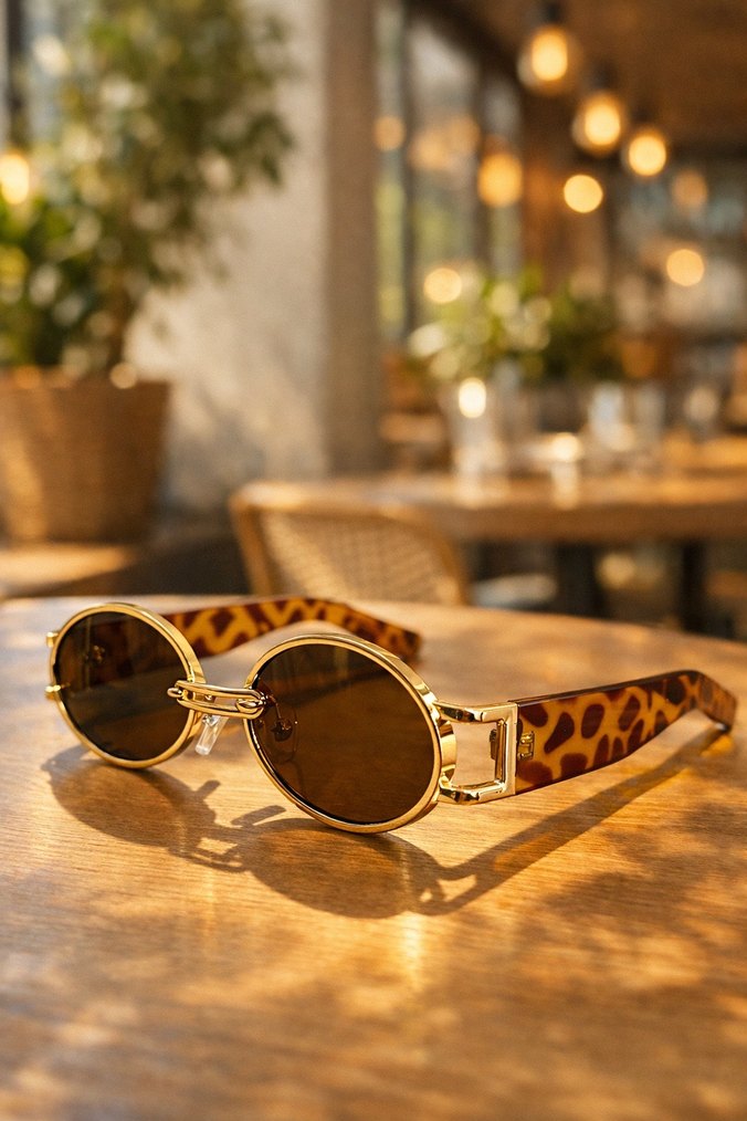 Yuvarlak Altın Çerçeveli Leopar Desenli Gözlük - Görsel 2