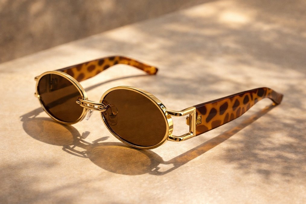 Yuvarlak Altın Çerçeveli Leopar Desenli Gözlük - Görsel 4