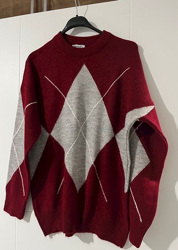 Bordo Gri Baklava Desenli Triko Kadın Kazak - Görsel 2