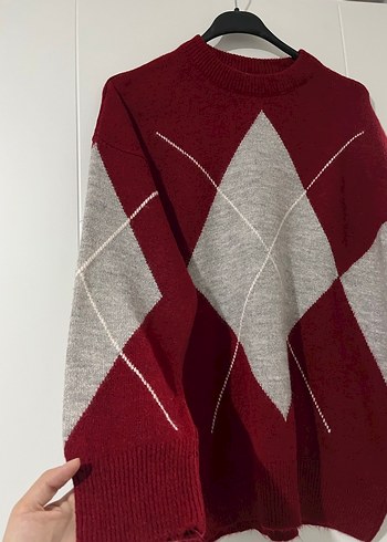 Bordo Gri Baklava Desenli Triko Kadın Kazak - Görsel 3