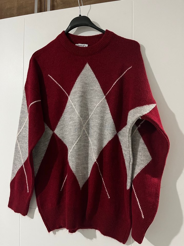 Bordo Gri Baklava Desenli Triko Kadın Kazak - Görsel 2