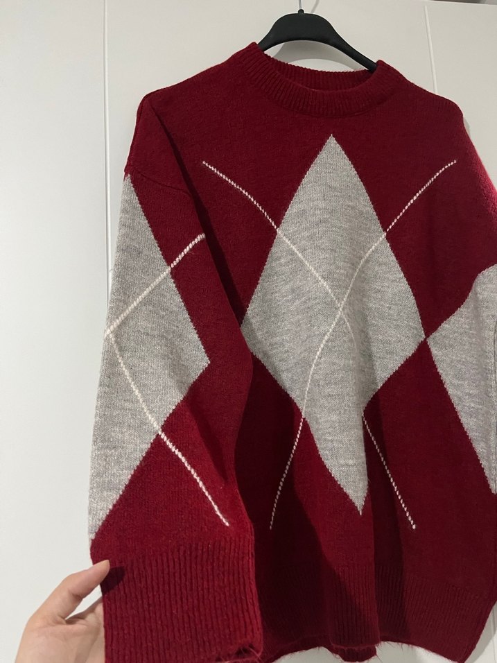 Bordo Gri Baklava Desenli Triko Kadın Kazak - Görsel 3