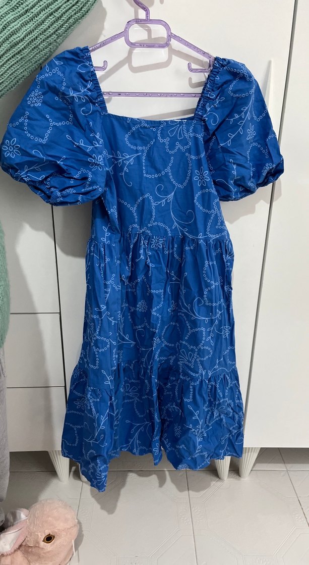 Mavi Nakışlı Fırfırlı Midi Elbise - Görsel 2