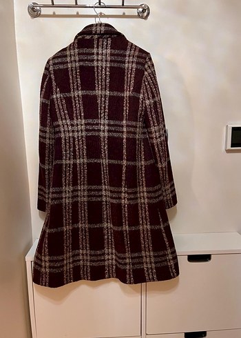 Adl Bordo Ekose Desenli Kadın Yün Midi Kaban - Görsel 2