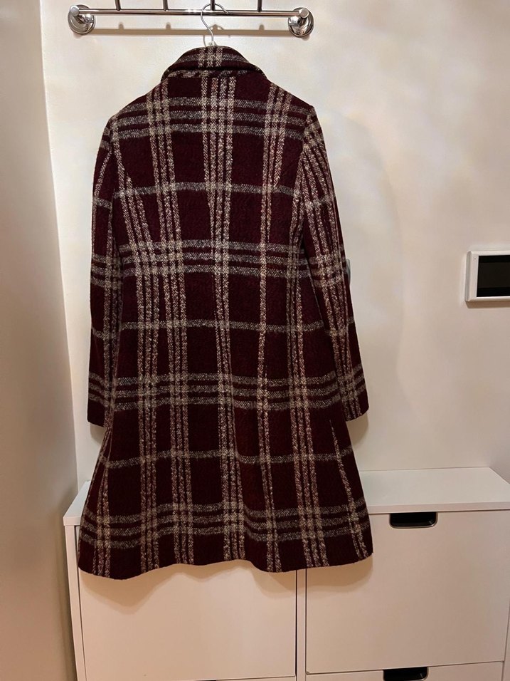 Adl Bordo Ekose Desenli Kadın Yün Midi Kaban - Görsel 2