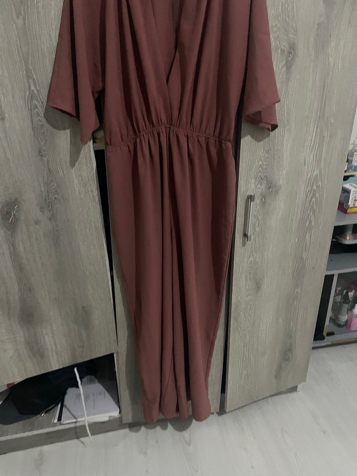 V Yaka Kısa Kollu Uzun Salaş Elbise - Görsel 2