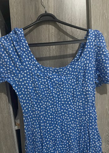 Düğmeli Mavi V Yaka Midi Elbise - Görsel 2