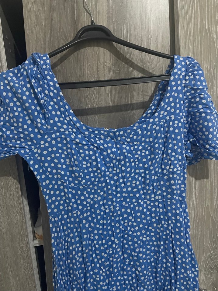 Düğmeli Mavi V Yaka Midi Elbise - Görsel 2