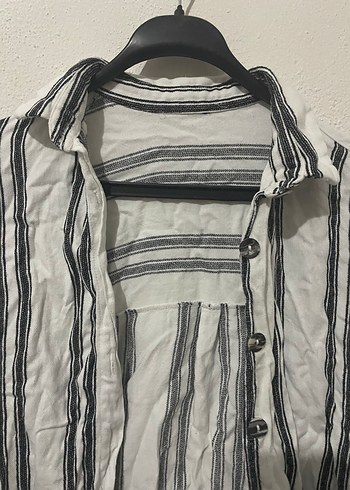 Düğmeli Bohem Çizgili Keten Gömlek - Görsel 2