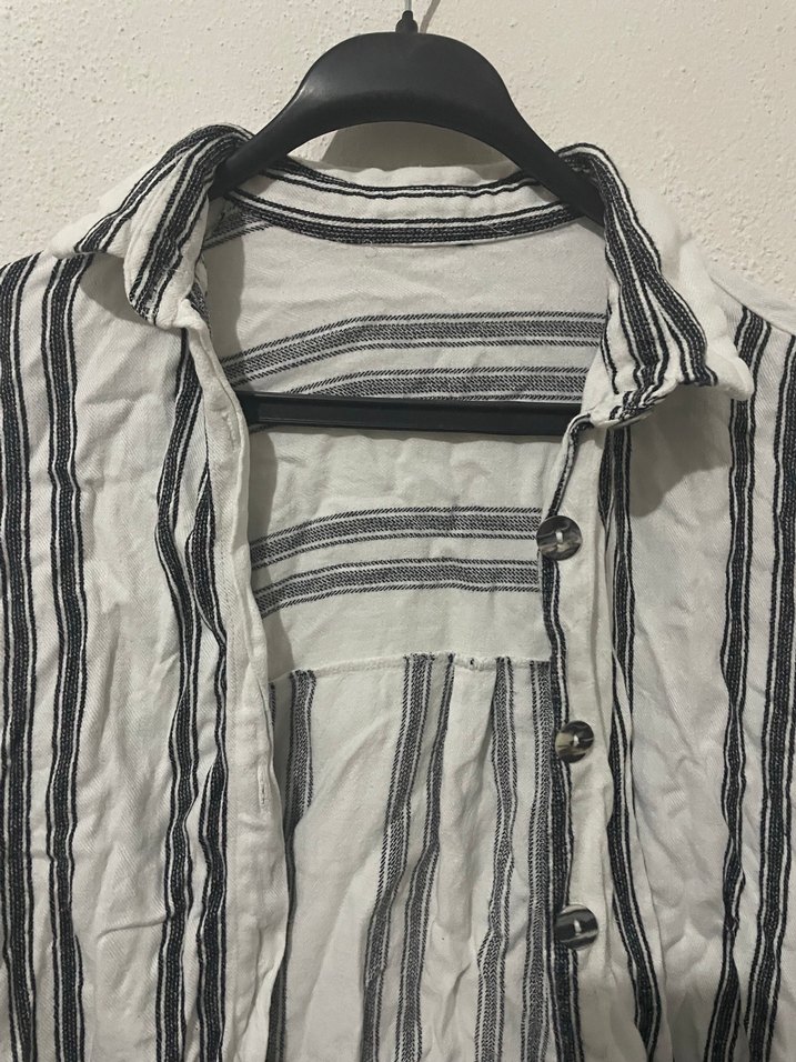 Düğmeli Bohem Çizgili Keten Gömlek - Görsel 2