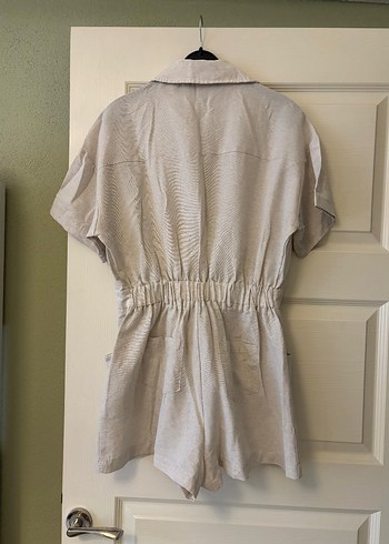 Bej Keten Düğmeli Kadın Tulum L - Görsel 2