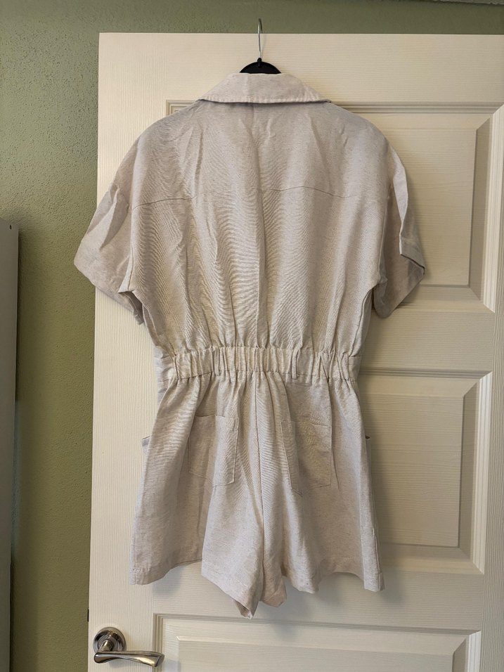 Bej Keten Düğmeli Kadın Tulum L - Görsel 2