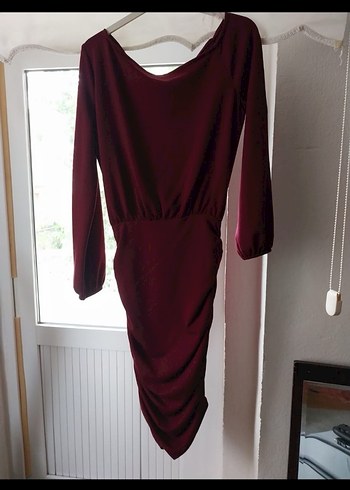 Bordo Drapeli Kadın Mini Elbise - Görsel 2