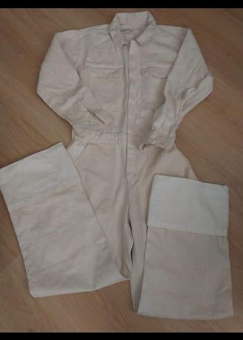 Kadın Beyaz Pamuklu Kuşaklı Tulum - Görsel 2