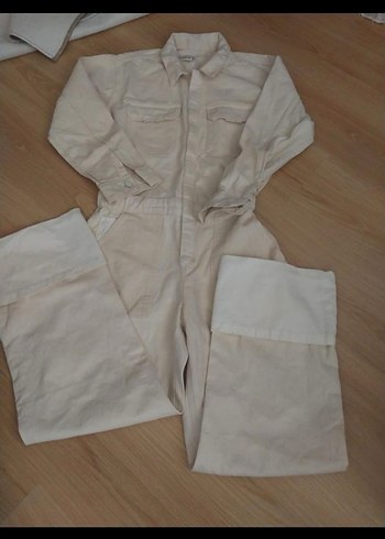 Kadın Beyaz Pamuklu Kuşaklı Tulum - Görsel 3