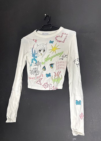 Beyaz Baskılı Uzun Kollu Kız Tişörtü - Görsel 2