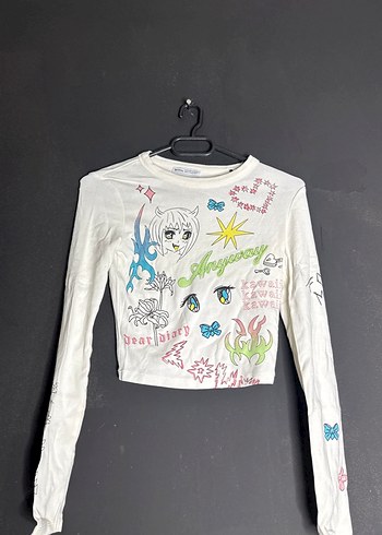 Beyaz Baskılı Uzun Kollu Kız Tişörtü - Görsel 3