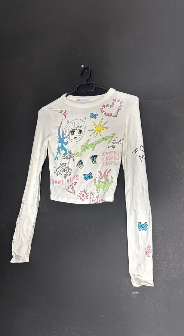 Beyaz Baskılı Uzun Kollu Kız Tişörtü - Görsel 2