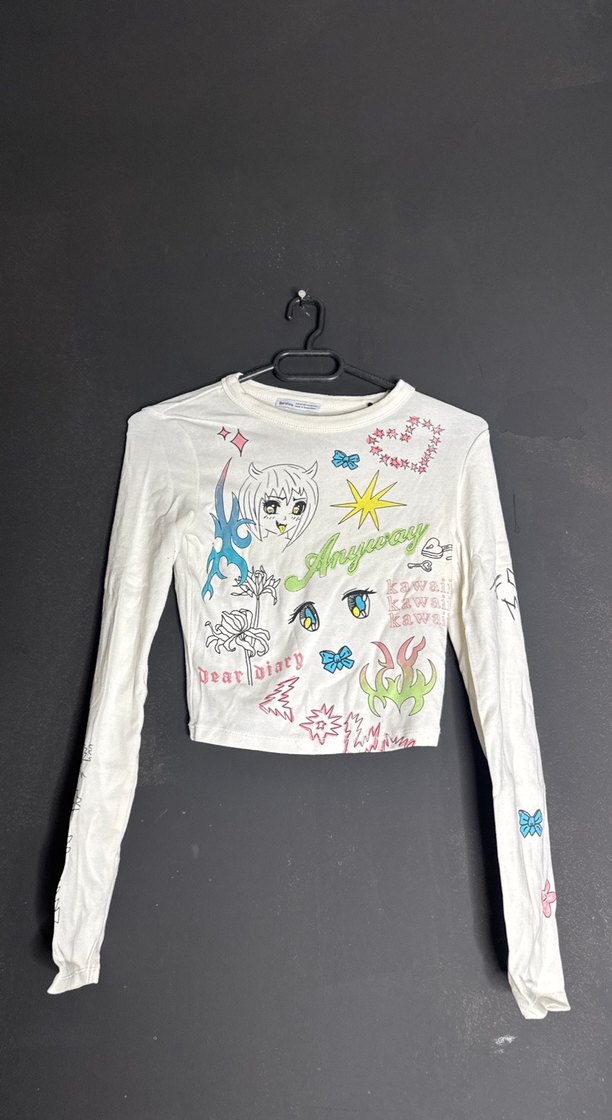 Beyaz Baskılı Uzun Kollu Kız Tişörtü - Görsel 3