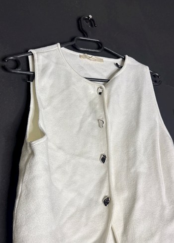 Düğmeli Keten Beyaz Kolsuz Yelek - Görsel 2
