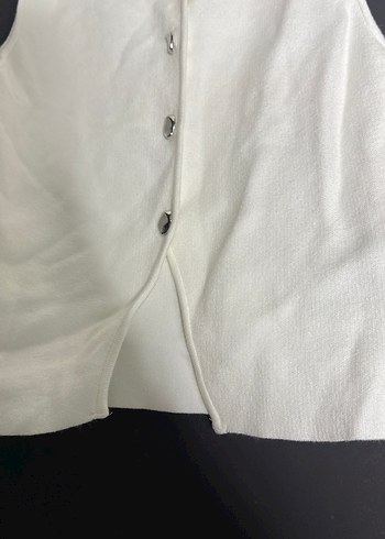 Düğmeli Keten Beyaz Kolsuz Yelek - Görsel 4