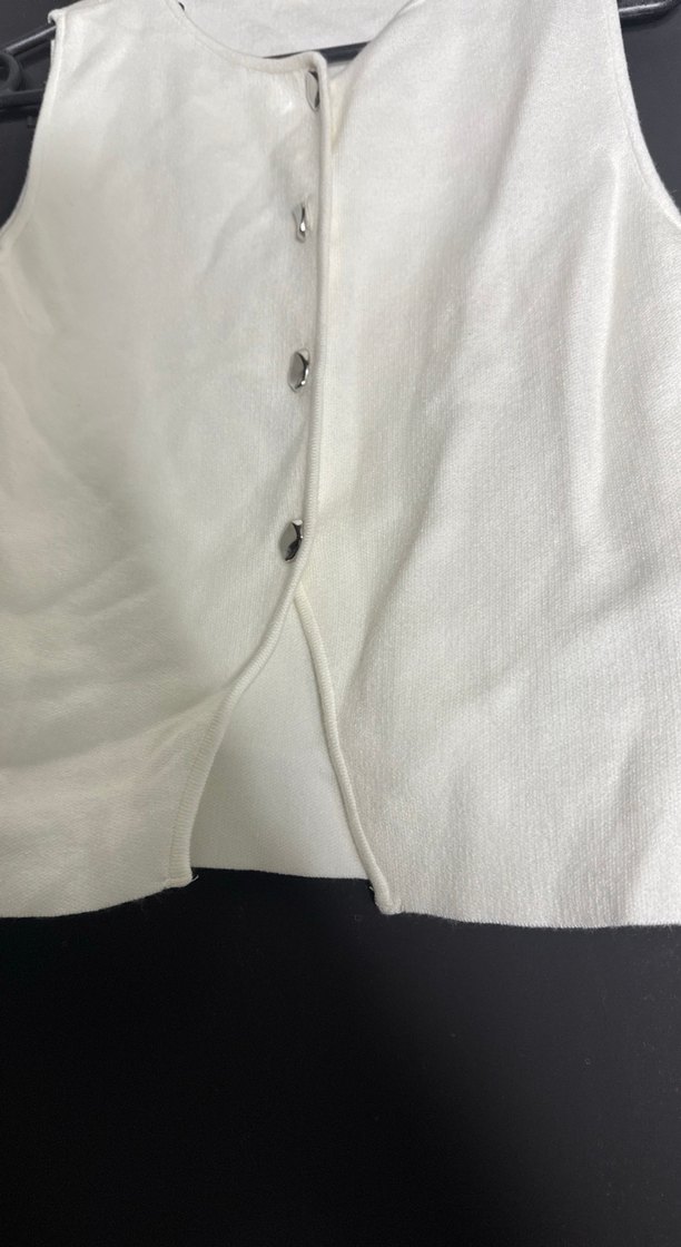 Düğmeli Keten Beyaz Kolsuz Yelek - Görsel 4