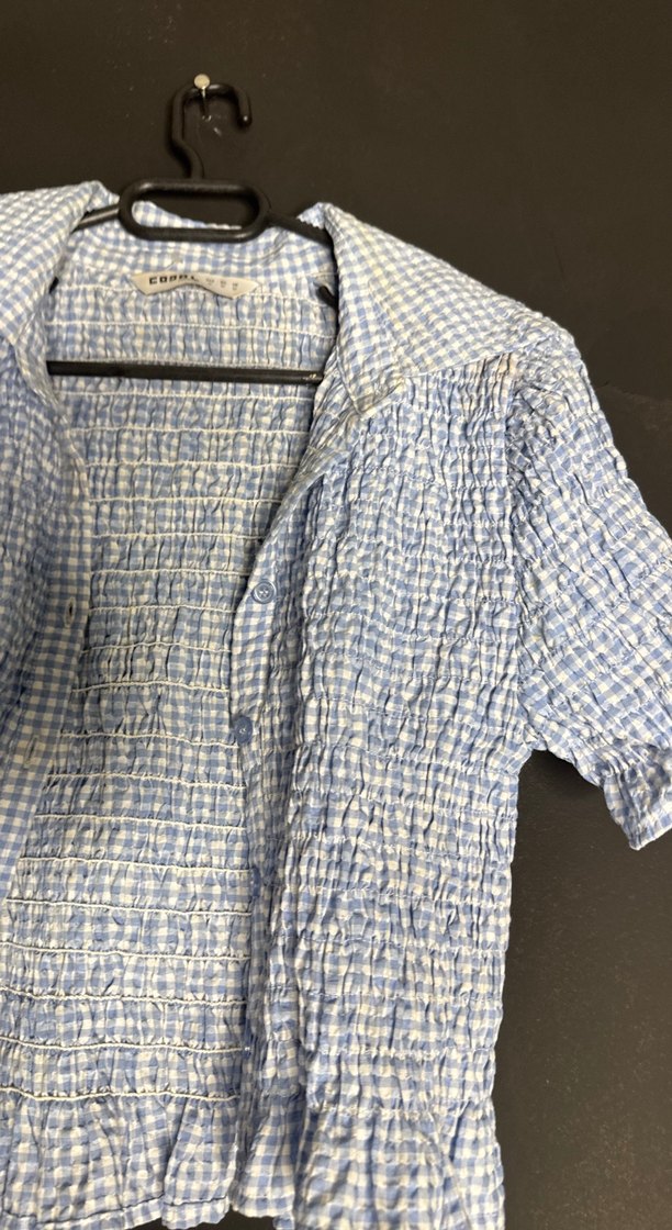 Mavi Kısa Kollu Düğmeli Keten Gömlek - Görsel 2