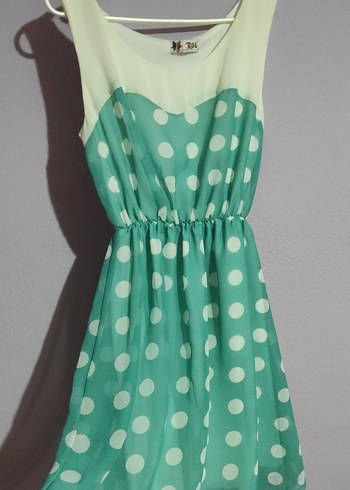 Turkuaz Puantiyeli V Yaka Midi Elbise - Görsel 3