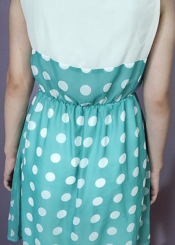 Turkuaz Puantiyeli V Yaka Midi Elbise - Görsel 2