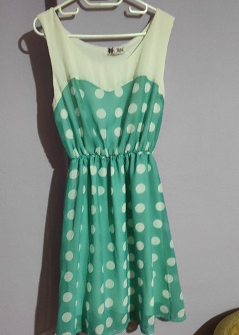 Turkuaz Puantiyeli V Yaka Midi Elbise - Görsel 4