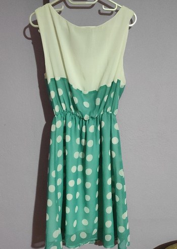 Turkuaz Puantiyeli V Yaka Midi Elbise - Görsel 5