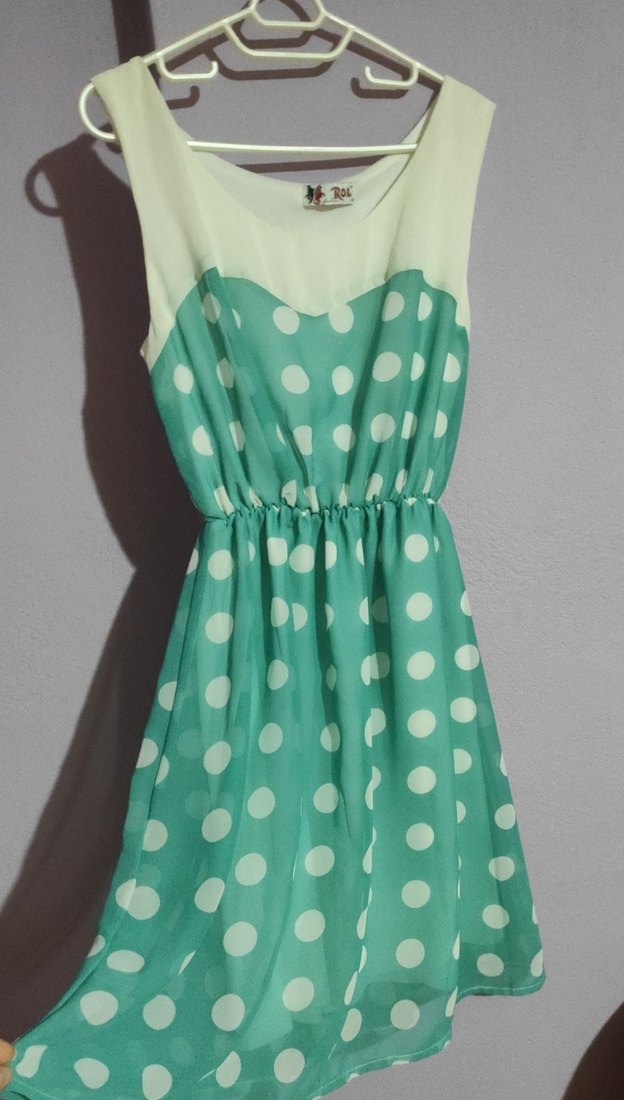 Turkuaz Puantiyeli V Yaka Midi Elbise - Görsel 3