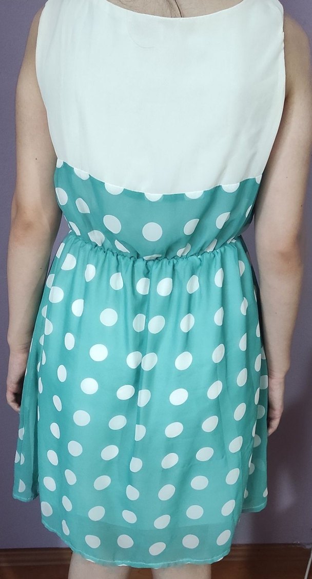 Turkuaz Puantiyeli V Yaka Midi Elbise - Görsel 2