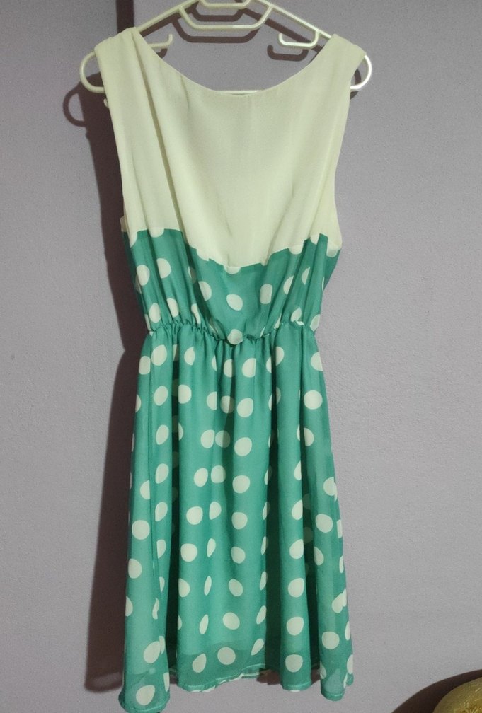 Turkuaz Puantiyeli V Yaka Midi Elbise - Görsel 5