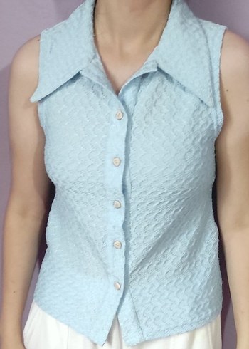 Mavi Kolsuz Keten Gömlek - Görsel 2