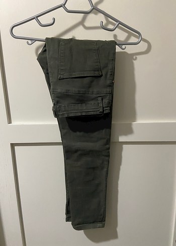 Kadın Kemerli Dar Kesim Haki Kot Pantolon - Görsel 3