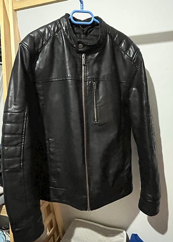 Erkek Siyah Deri Biker Ceket (MAVİ) - Görsel 4